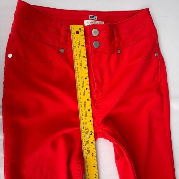 Love Fire Skinny Red Denim Jeans Double Button Stretch Womens Junior 5 - Picture 10 of 13